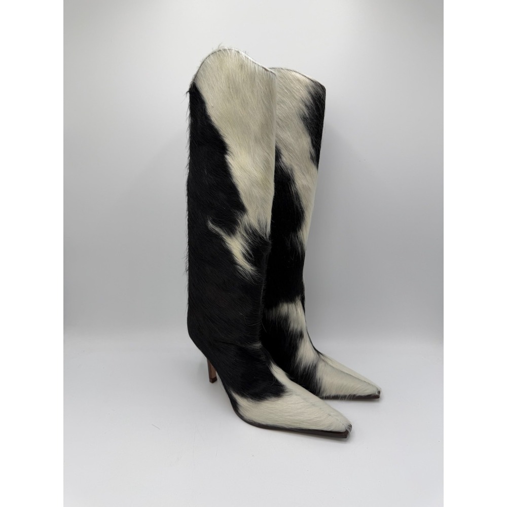Schutz Maryana Calf Hair Black White Cow Print Knee High Stiletto Boots 5.5B
